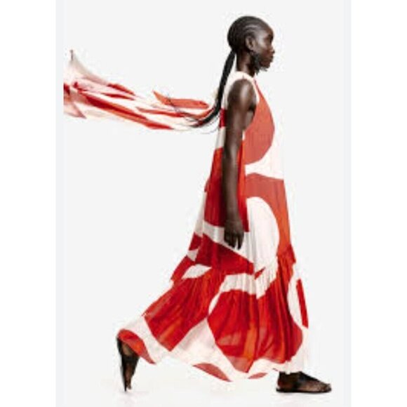 H&M Voluminous maxi dress Summer 2024 Collection (orange/Patterned) Size XXL - Picture 2 of 16